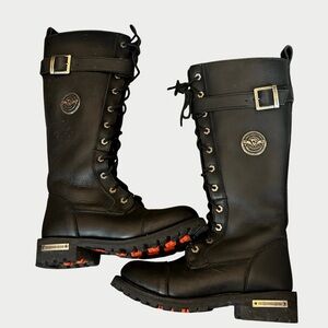 Milwaukee Leather Biker Boots Black 14” Lace-up MBL9355 Calf Buckle Side Zipper